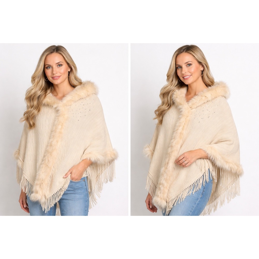 Northern Angel Cream Faux Fur‎ Trim Poncho Wrap Pearl Embellished PC-40019 L/XL